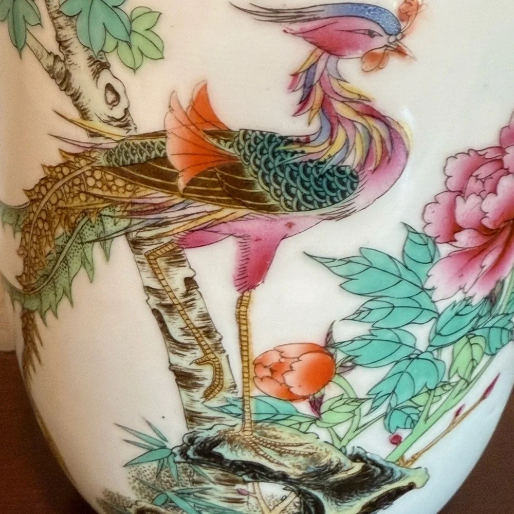 Antique Chinese Ceramic Vase w/ Bird‎ & Floral Design signed w/ poem enscribed
